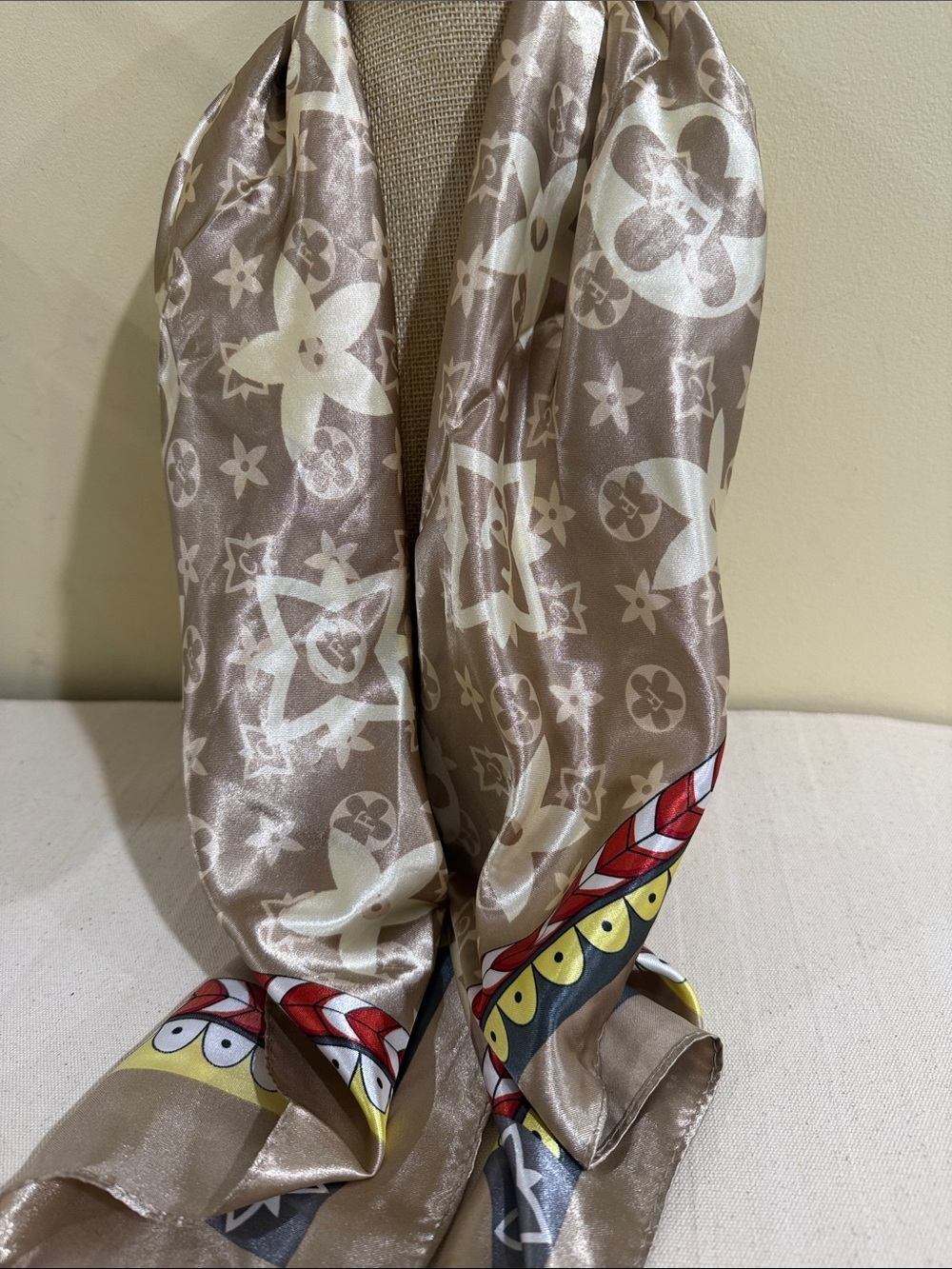 Monogram Satin Scarf with Multicolor Braid Border